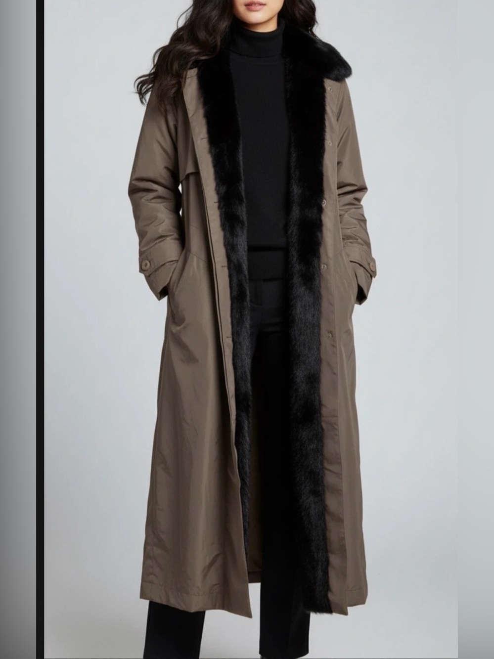 Women’s Mink-Lined Genuine Trench Coat Removable Fur Lining Siz
